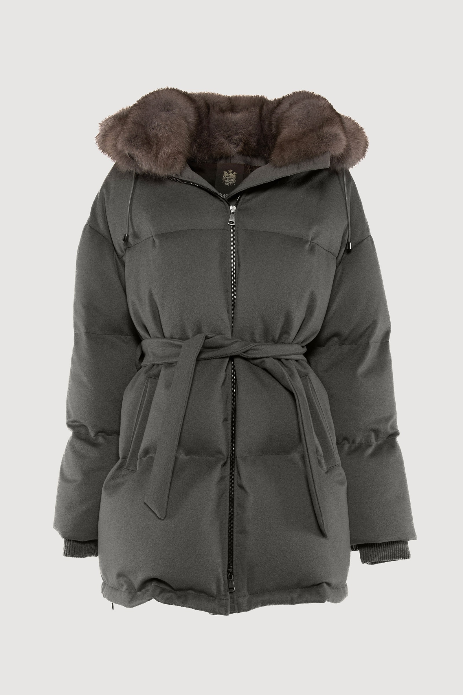 Cashmere down jacket with smoke sable