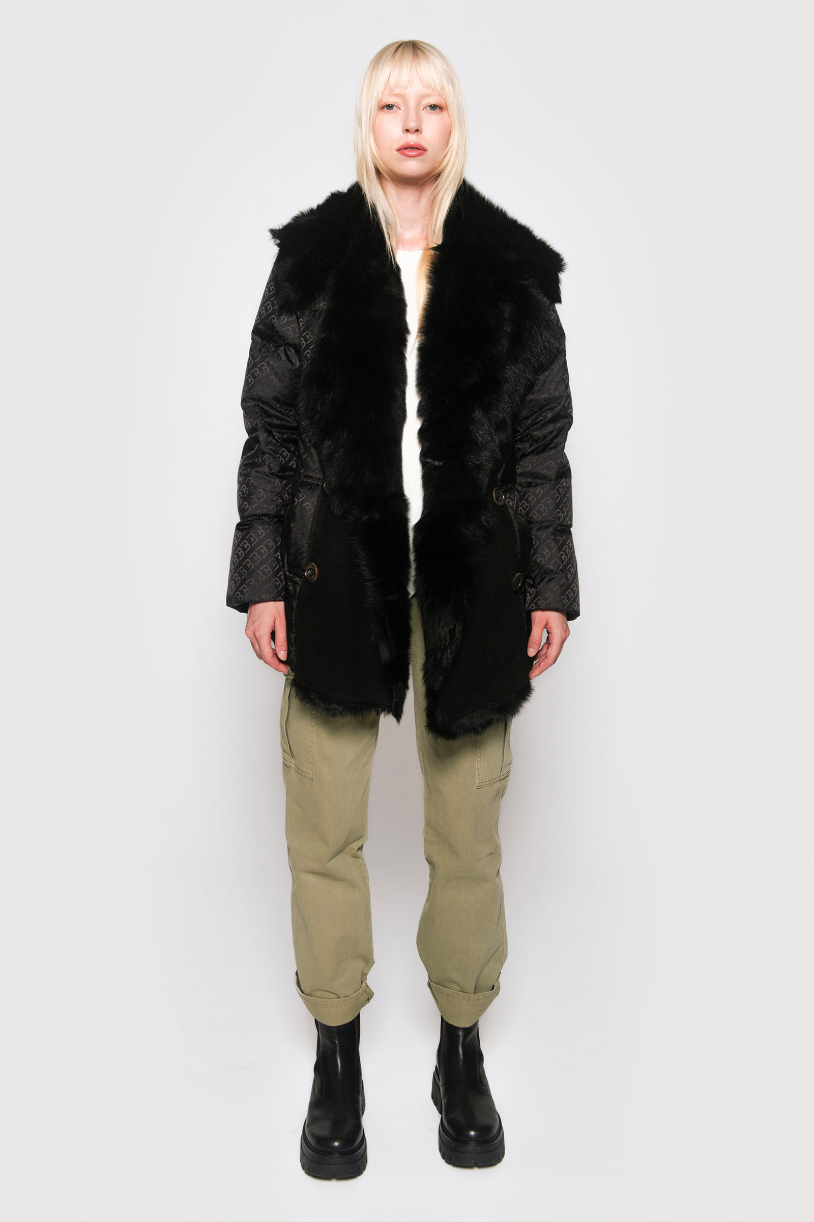 Logoed down jacket and black velar shearling